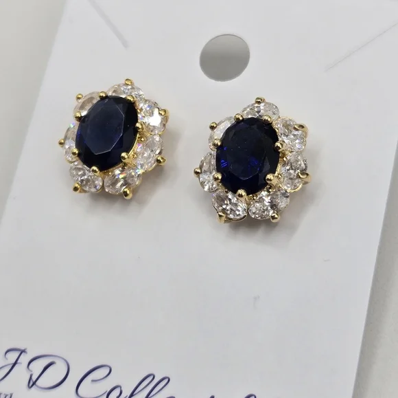 Sapphire Blue & Clear Earrings Made with Swarovski Crystals Gold Overlay NWOT - Picture 5 of 5